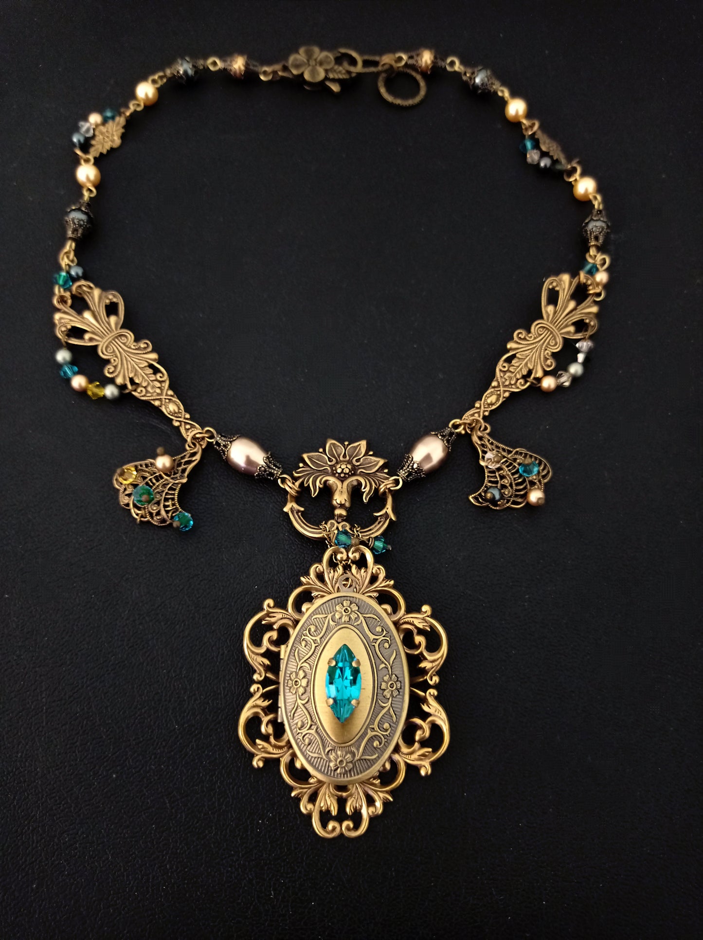 Brass Locket Necklace with Green and Gold Crystals