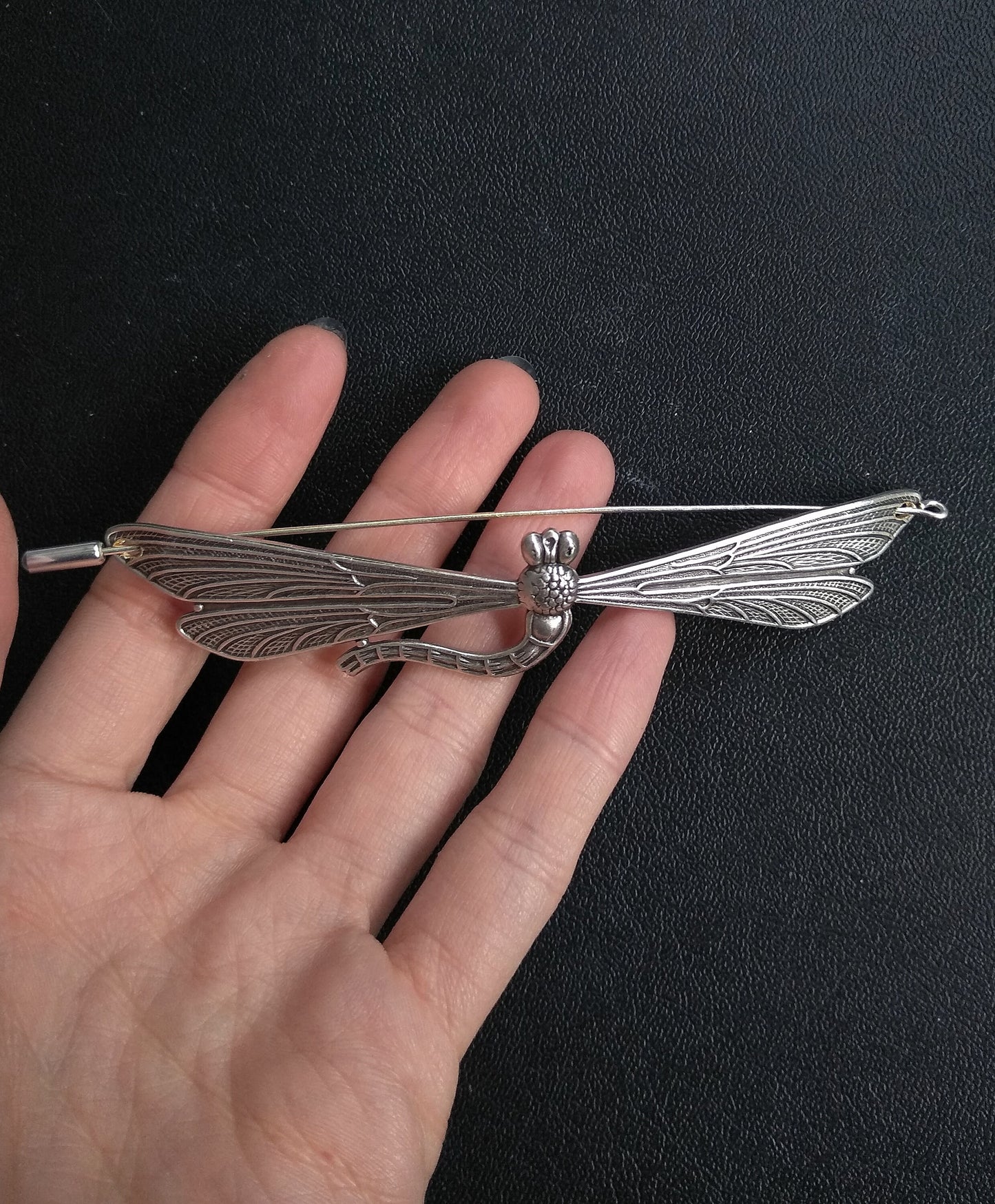 Oversized silver dragonfly brooch