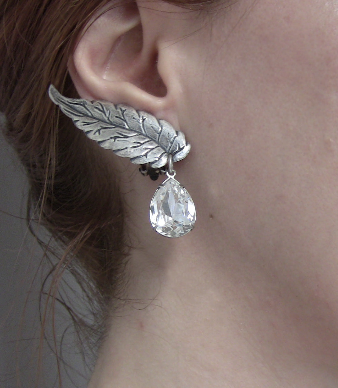 Silver Leaves Earrings with Swarovski Drops