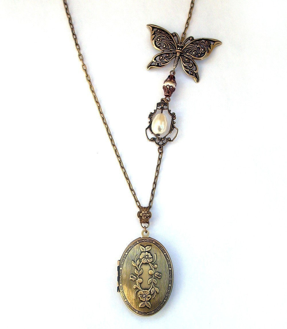 Brass Locket Necklace with Butterfly and Pearls - Aranwen's Jewelry
- 3