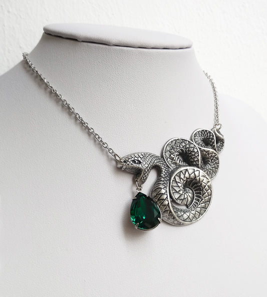  Gothic Silver Snake necklace with emerald green crystal "venom" drop.