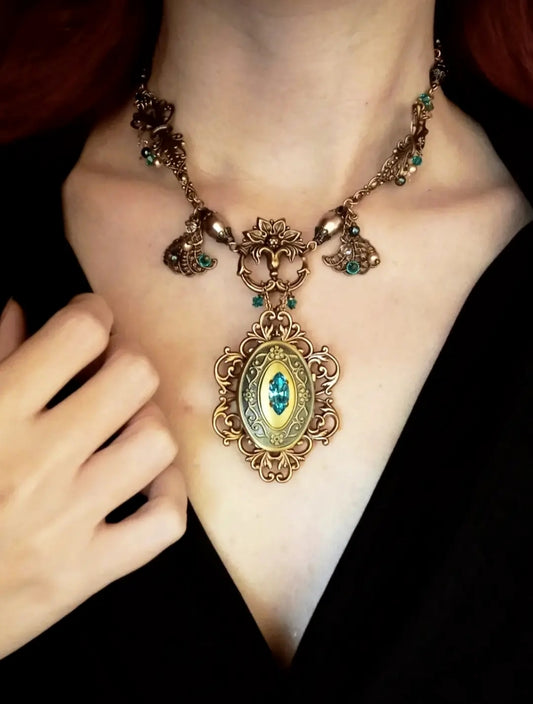 Vintage handmade colourful statement necklace with brass locket 