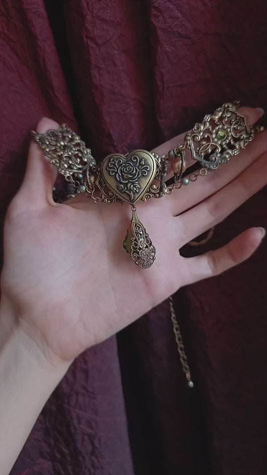 Vintage Brass Locket Choker with Green Crystals