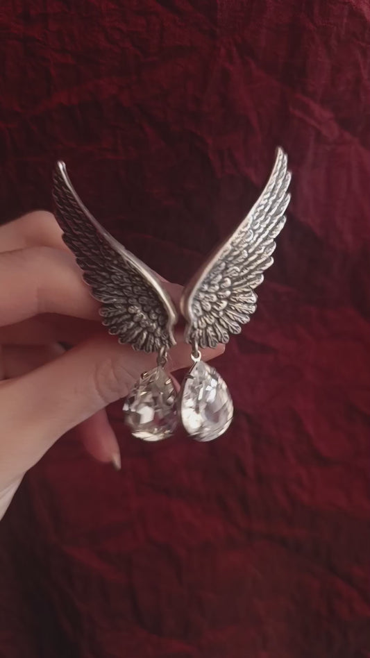 Silver Wings Earrings with Swarovski Drops