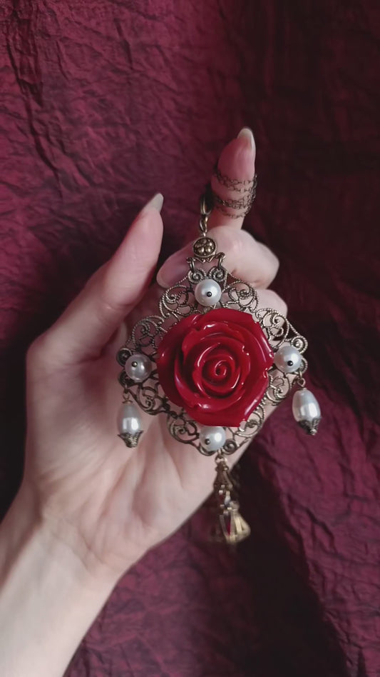 Brass medieval necklace with red rose and white pearls