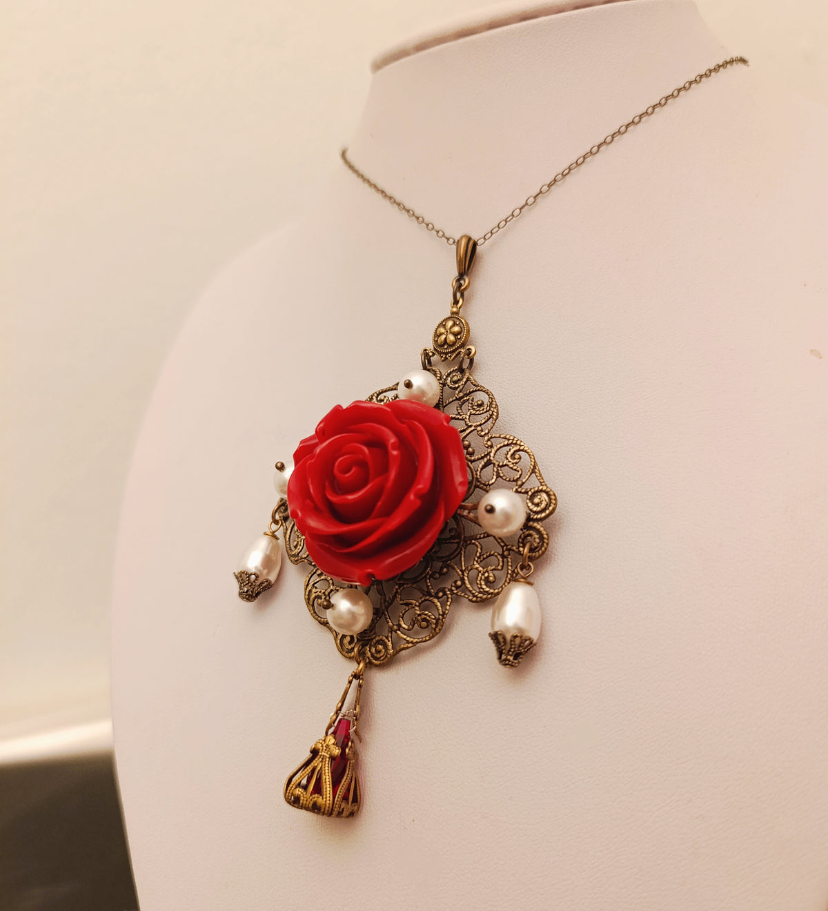 Brass medieval necklace with red rose and white pearls