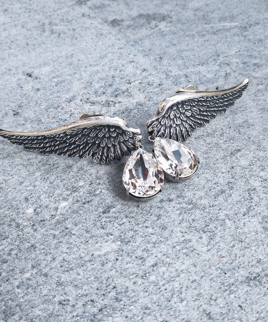 Silver Wings Earrings with Swarovski Drops