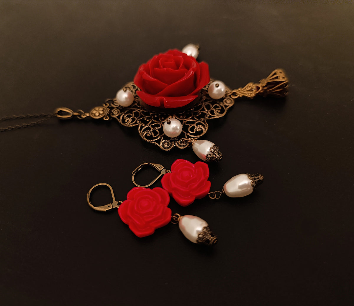 Brass medieval necklace with red rose and white pearls