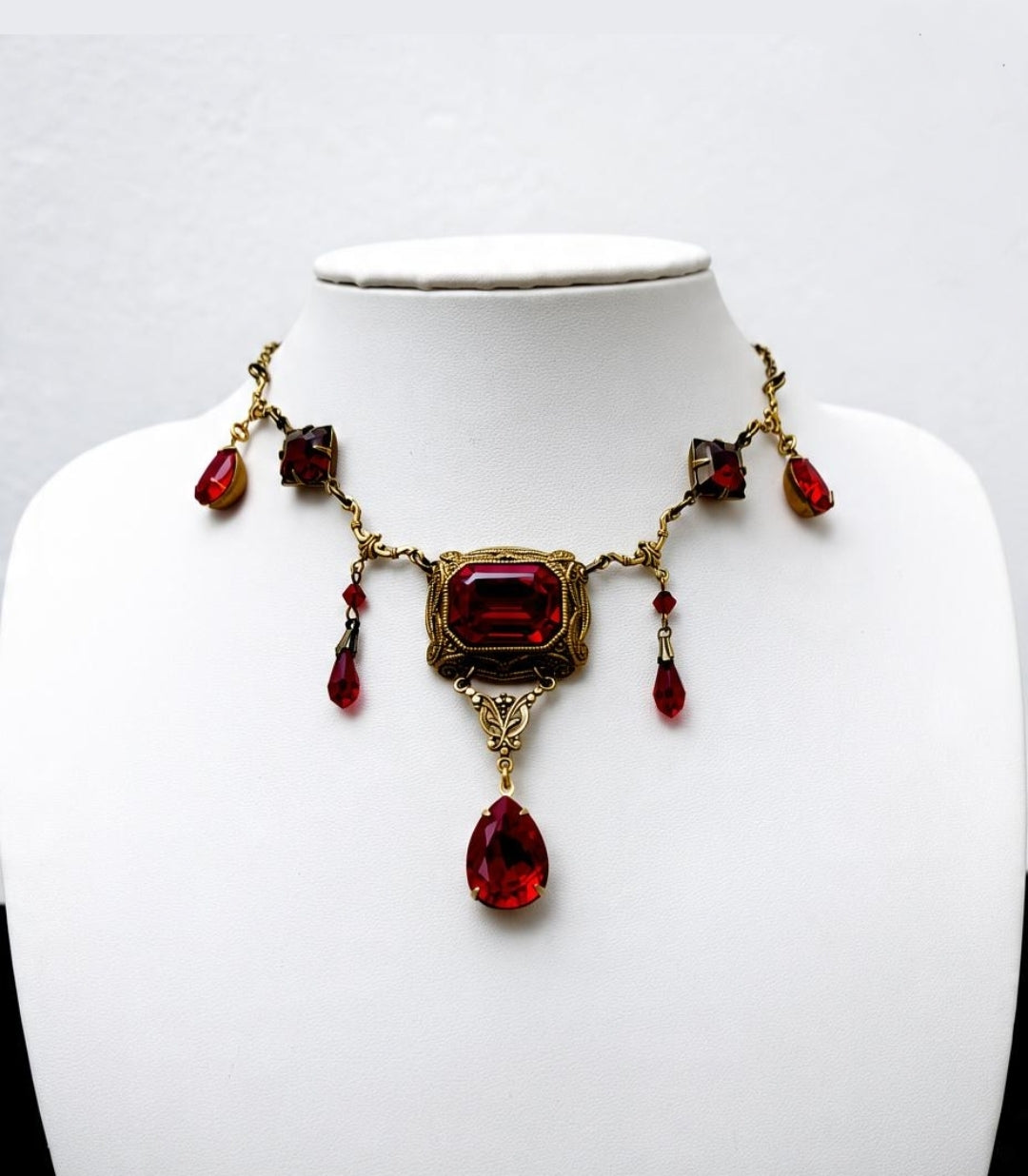 Victorian Brass necklace with red crystals