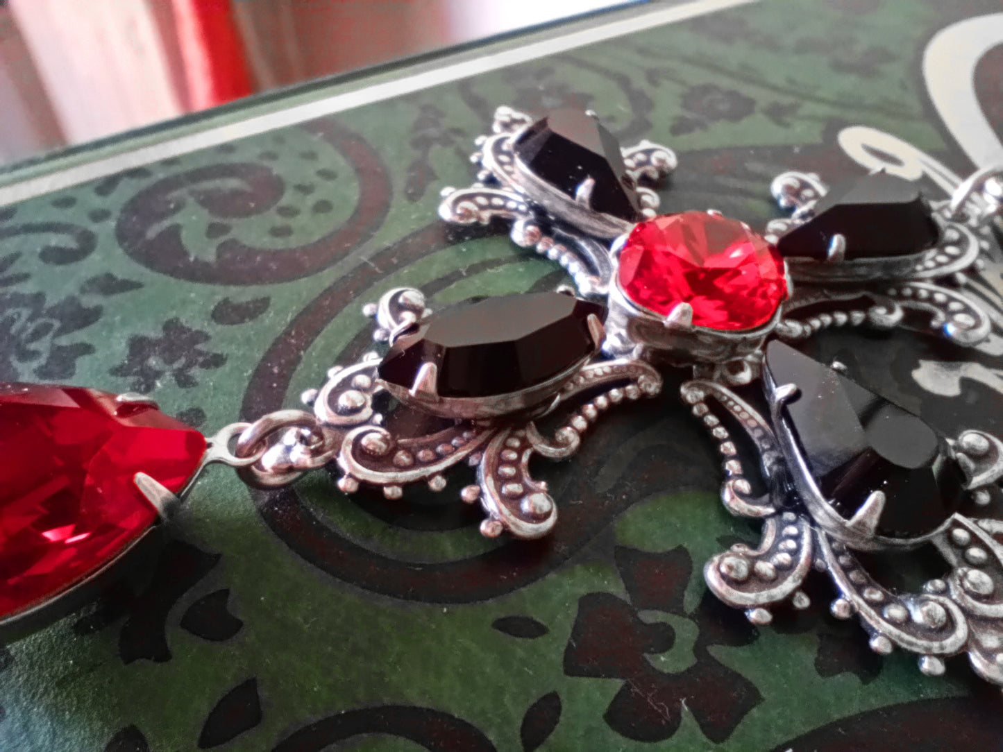 Gothic Cross Pendant with Red and Black Swarovski