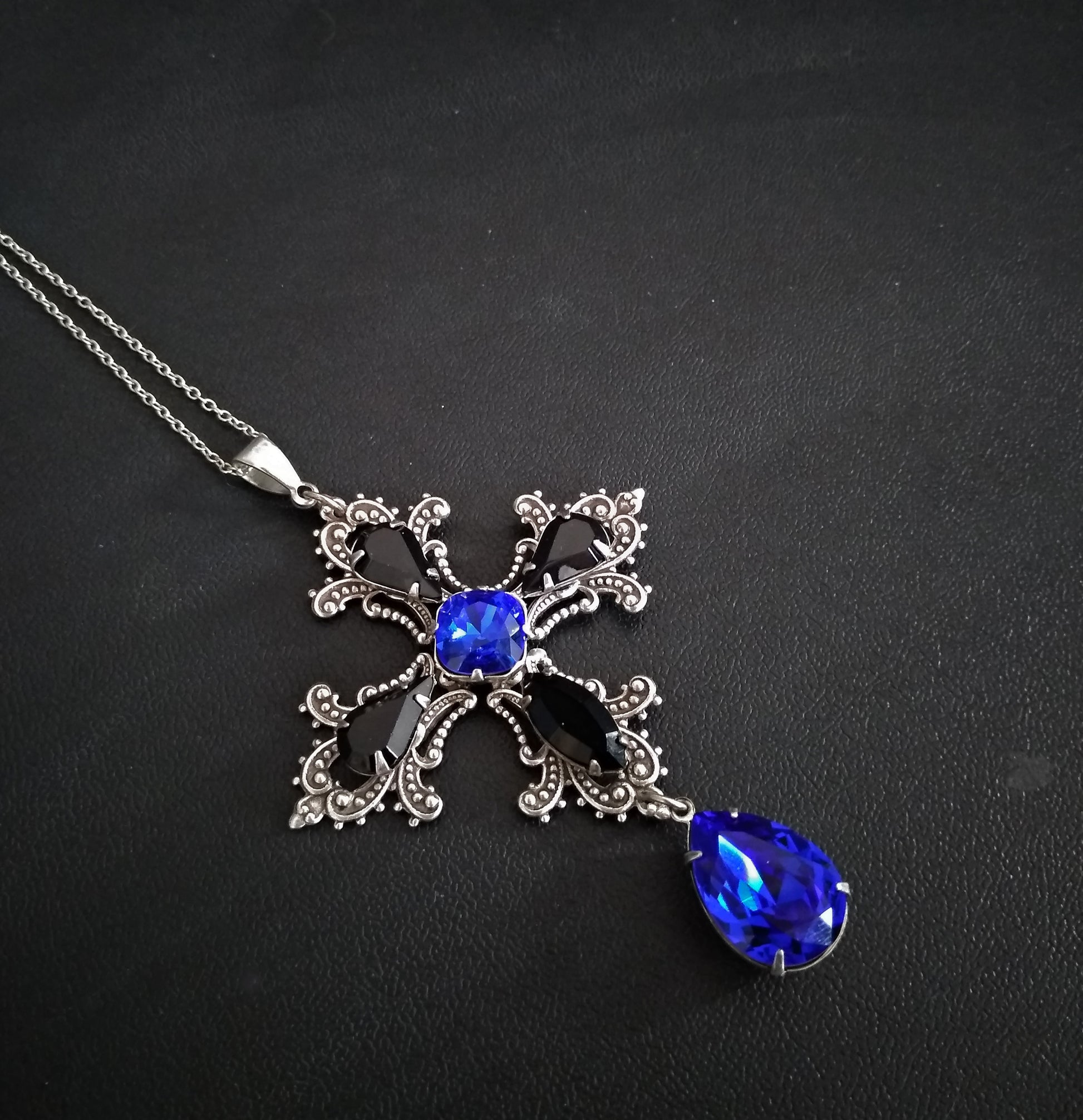 Large Gothic Cross Necklace Blue and Black Swarovski – Aranwen's